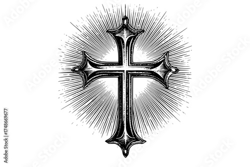 a black and white drawing of a stylized cross with rays radiating from the centerbeam, builder, cross, ray, religion, religious, star, symbol 