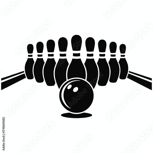 Black silhouette of a bowling ball and ten pins arranged on a lane ready for a strike