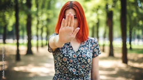Woman with red hair makes stop gesture with hand in park showing rejection or warning, feeling empowerment footage.