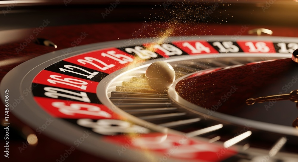 Obraz premium Dramatic close-up of a casino roulette wheel with the ball in motion and a magical trail of golden sparkles under warm soft light. 