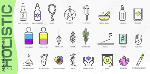 Holistic therapy icon set featuring Bach flowers, aura-soma, crystals, reiki, tarot, white sage, pendulum, and gong. Perfect for wellness, energy healing, and spiritual project.