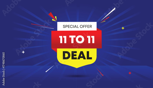 11 to 11 deal special offer web banner vector art template design badge icon label white red gradient yellow shapes dark blue light sun shine abstract business background modern style creative layout
