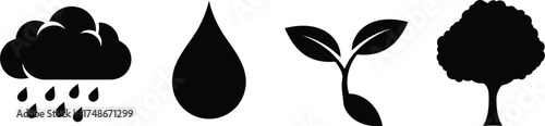 Ecological Elements Illustration: A symbolic illustration featuring a set of weather related natural elements, representing concepts like rain, drop, sprout and tree