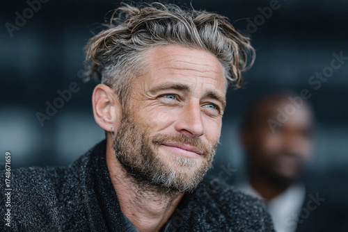 Confident Young Businessman Smiling and Looking Away in Modern Corporate Office Environment