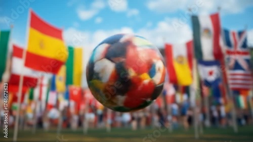 A soccer ball with flags representing participating countries flutters against a blurred background of colorful flags during an international tournament. 4k video