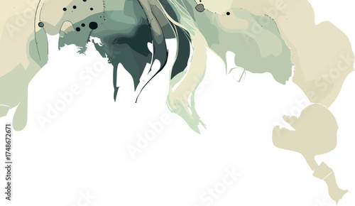 An abstract artistic background with fluid beige and teal watercolor shapes blending in organic flow, creating a dreamy and modern visual composition.