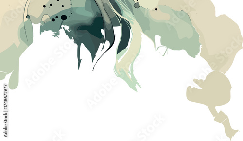 An abstract artistic background with fluid beige and teal watercolor shapes blending in organic flow, creating a dreamy and modern visual composition.
