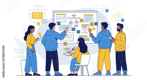 Team of Businesspeople Collaborating on a Business Plan or Strategy with Diagrams