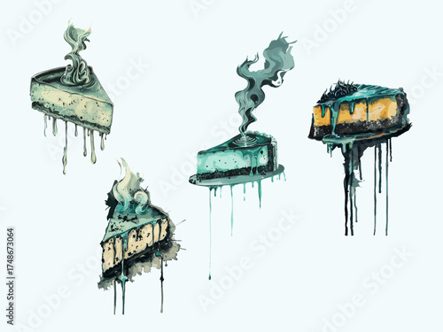 A surreal watercolor composition of four melting cheesecake slices with dripping turquoise glaze and smoky swirls, blending dessert realism with abstract expressive art.