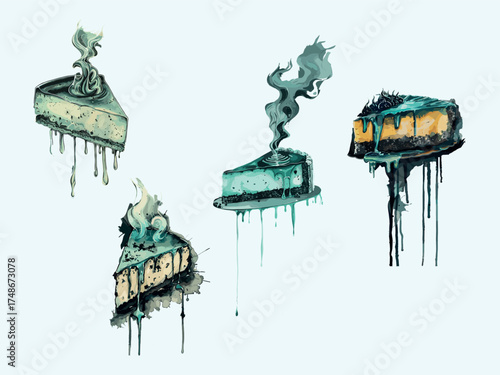 A surreal watercolor composition of four melting cheesecake slices with dripping turquoise glaze and smoky swirls, blending dessert realism with abstract expressive art.