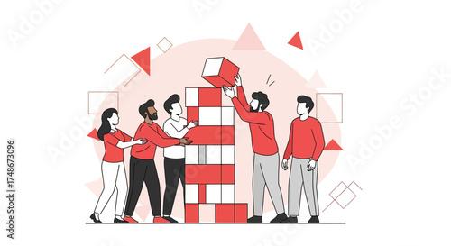 Teamwork concept illustration showing a group of people building a tower together