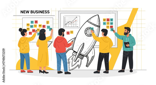 Teamwork Creating And Launching New Business, Startup, Rocket, Project, And Concept