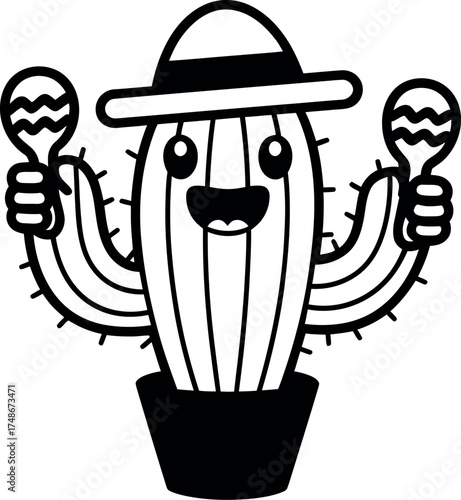 Vector art of a cheerful cactus playing maracas with a sombrero