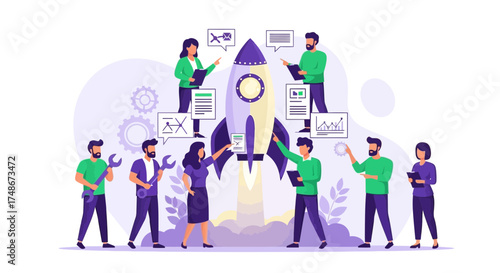 Teamwork in the launch of a new project visualized by people and a rocket ship