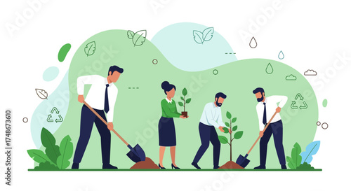 Teamwork planting trees: Concept of environmental protection and corporate responsibility