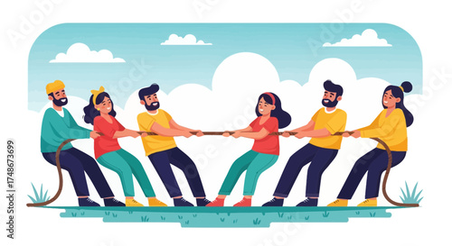 Teamwork tug-of-war competition representing collaboration and competition illustration