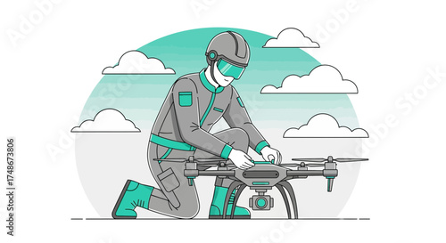 Technician Preparing Aerial Drone For Flight With Sky Clouds Illustration