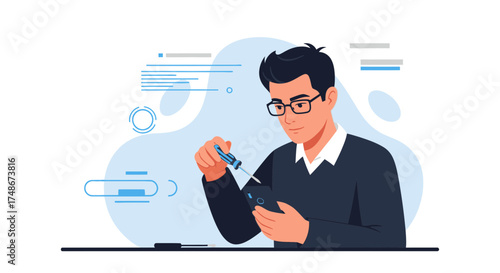 Technician repairing a smartphone with a screwdriver, modern vector flat illustration design
