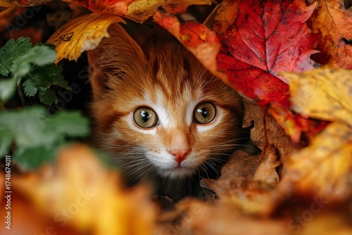 Beautiful kitten in autumn leaves. Nature, beauty, animals. For designers, marketers, IT. Popular image, illustration.