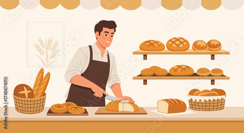 The Baker Expertly Slicing Freshly Baked Bread in Delightful Bakery Environment