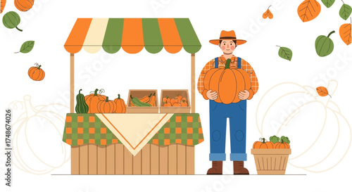 The Cheerful Farmer Stands Beside His Harvest Stall, Smiling and Holding a Giant Pumpkin