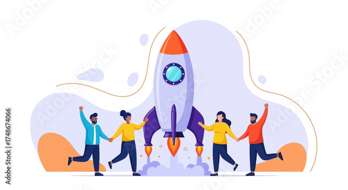Teamwork and Startup:  People Celebrate Launching a Rocket Successfully, Achieving Goals