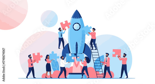 Teamwork and Startup Concept: Assembling a Rocket with Puzzle Pieces for Success