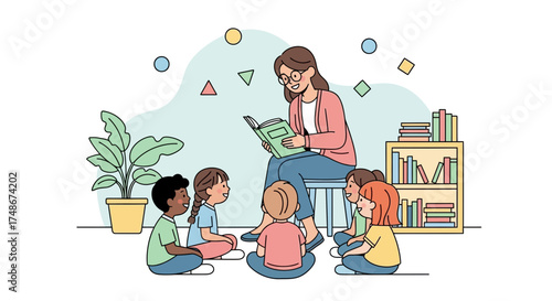 The Teacher Reading A Book To Several Children For Education And Learning