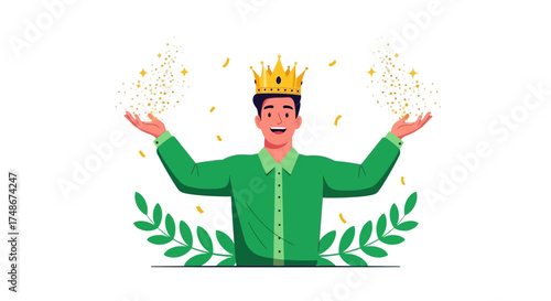 The Victorious Man Celebrates His Success with Golden Confetti, Wearing a Crown