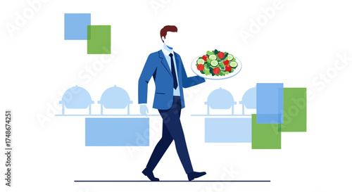 The Well-dressed Professional Walks With A Plate Of Fresh Salad At A Catering Meal