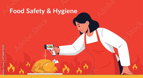 Thermometer Checking Roasted Chicken Emphasizing Food Safety Practice And Hygiene