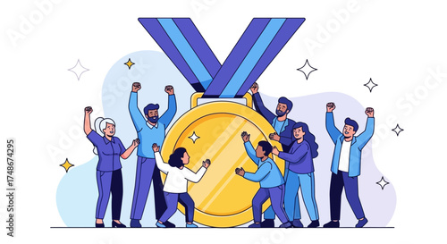 Teamwork Celebrates Success, Gathering Together Around A Giant Golden Medal