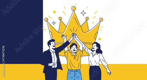 Teamwork Celebrates Victory Under A Golden Crown And Marks Success In Business