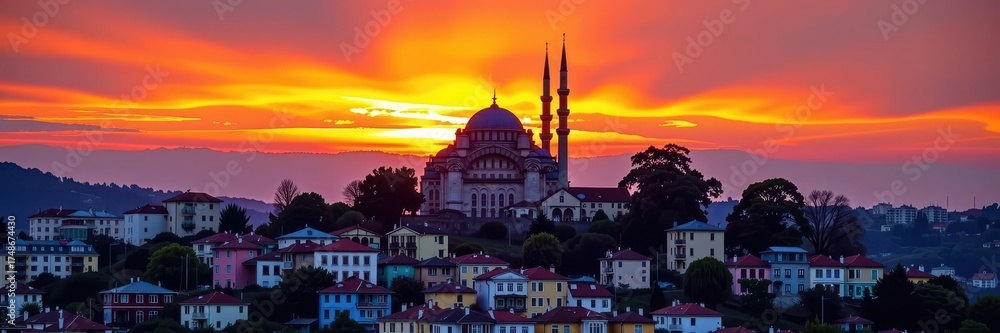 Naklejka premium Majestic Istanbul mosque silhouetted against a vibrant sunset, overlooking colorful houses cascading down a hillside, golden hour, turkey, islam