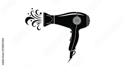 Sleek black hairdryer with stylized steam or air emitting from nozzle