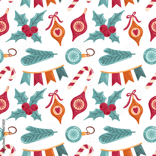 Seamless pattern Christmas tree ornaments and holly leaves. This festive design combines traditional holiday elements, for creating cheerful decorations and seasonal projects that evoke holiday joy.