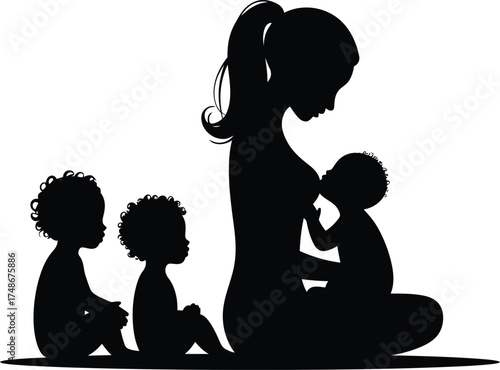 Black vector silhouette of mother breastfeeding babies, breastfeeding vector, motherhood illustration, Black vector silhouette of mother breastfeeding two babies with three children waiting