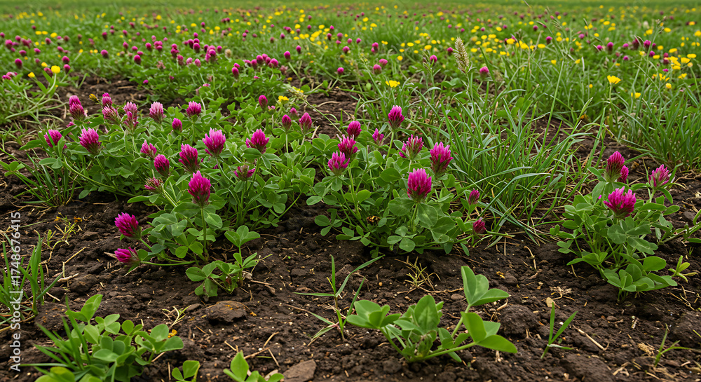 Fototapeta premium Regenerative agriculture field with cover crops and healthy soil, focus on biodiversity