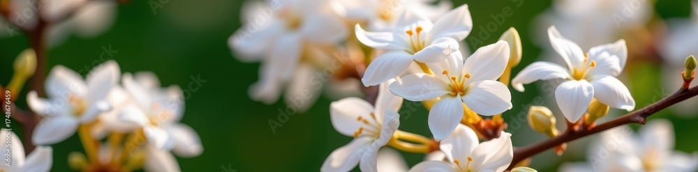 Fototapeta premium Delicate white jasmine blossoms unfurl in the soft spring light, their petals pristine against a blurred green background, delicate, flora