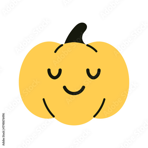 Vector cute yellow pumpkin clipart with peaceful face isolated on white. Happy and cozy autumn halloween decoration element.
