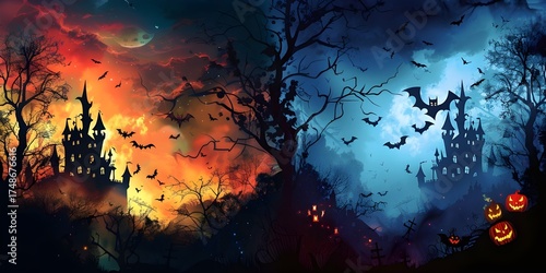 High Contrast Halloween Landscape with Orange and Blue Haunted Castles