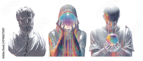 Surreal Sculpture Trio with Colorful Sphere in Abstract Style and Design