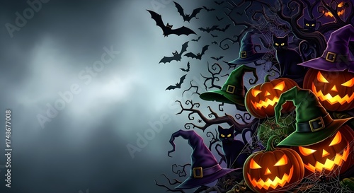 Cute Cartoon Halloween Pumpkin Background with Copy Space 