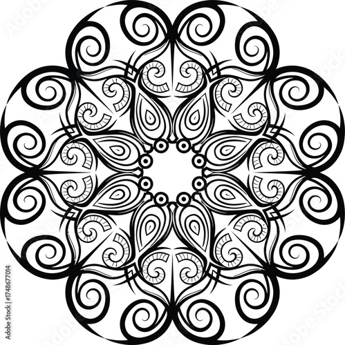 Vector abstract floral spiral mandala inspired by Papuan tribal art, decorative circular pattern design