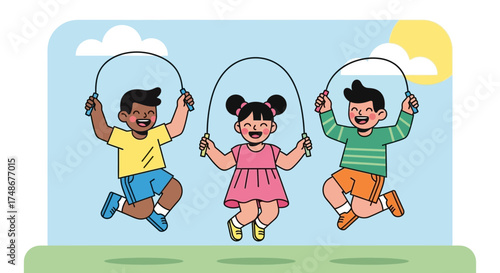 Three Happy Smiling Children Jumping Rope in a Sunny Outdoor Scene