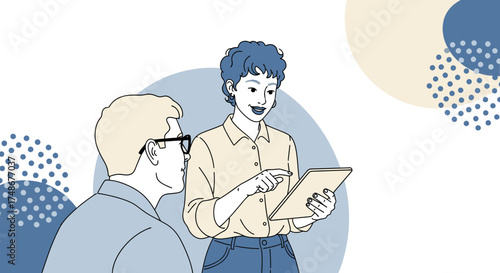 Two Individuals Discussing Information With a Tablet Interface, Stylish Graphic