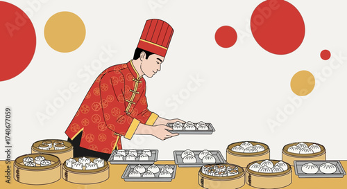 Traditional Chef Presenting Plates Of Exquisite Chinese Dim Sum Dishes Masterfully