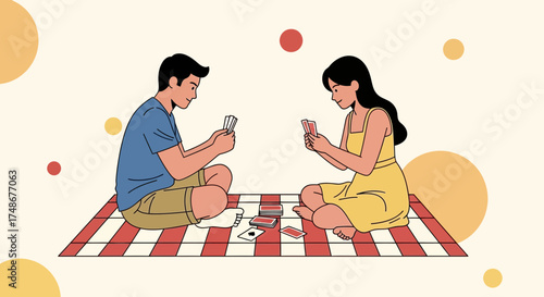 Two Individuals Leisurely Playing Cards Outdoors On A Checkered Blanket Together Quietly