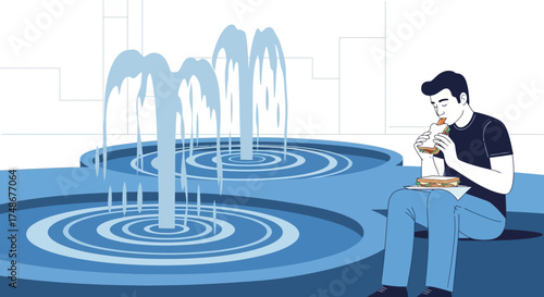 Tranquil City Scene Featuring Fountain And Man Enjoying A Sandwich In Minimalist Style