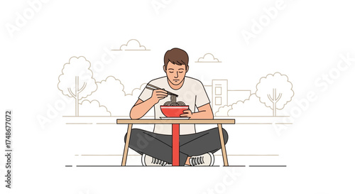 Tranquil Illustration Of Person enjoying Noodles At Outdoor Settings, Peaceful Vibe